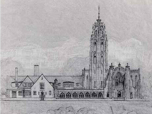 1947 architectural rendering of south elevation of Kirk in the Hills