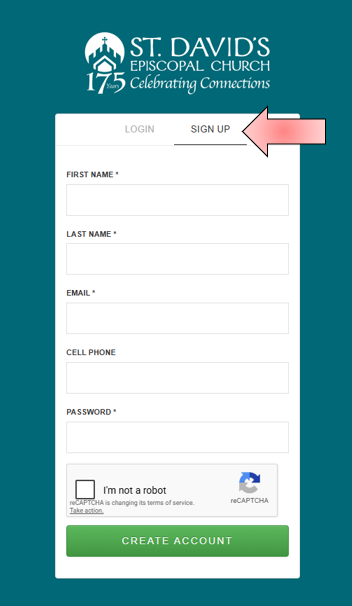 screen shot of account sign up page