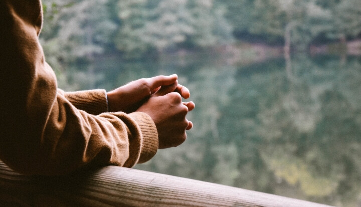 Person leaning on railing contemplating forest in background