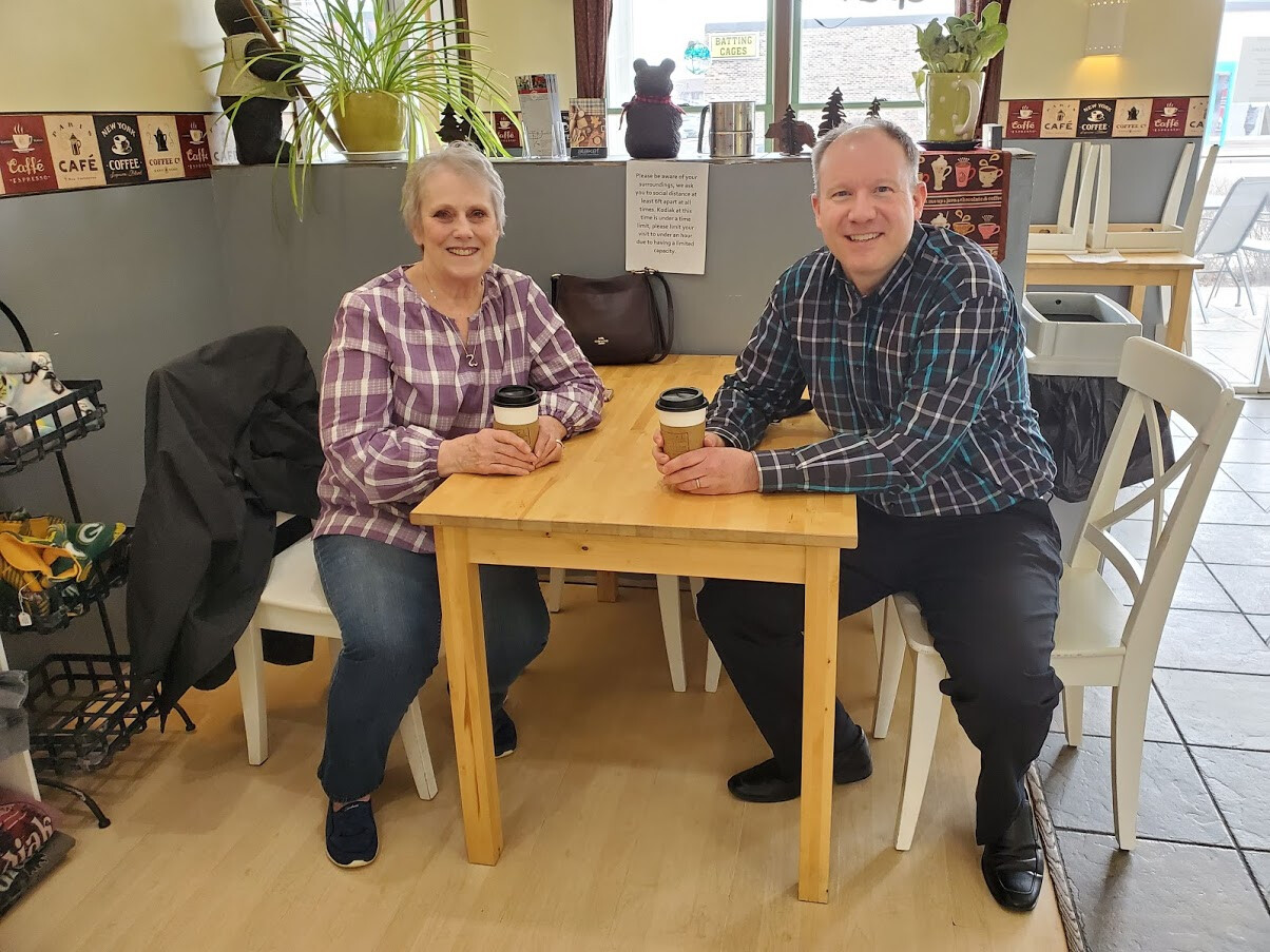 Pastor John and Linda Hackl at Kodiak Coffee