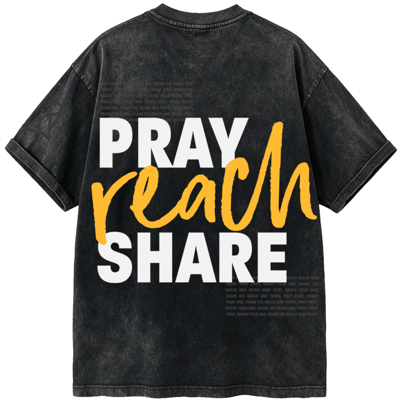 Tee back reading Pray, Reach, Share