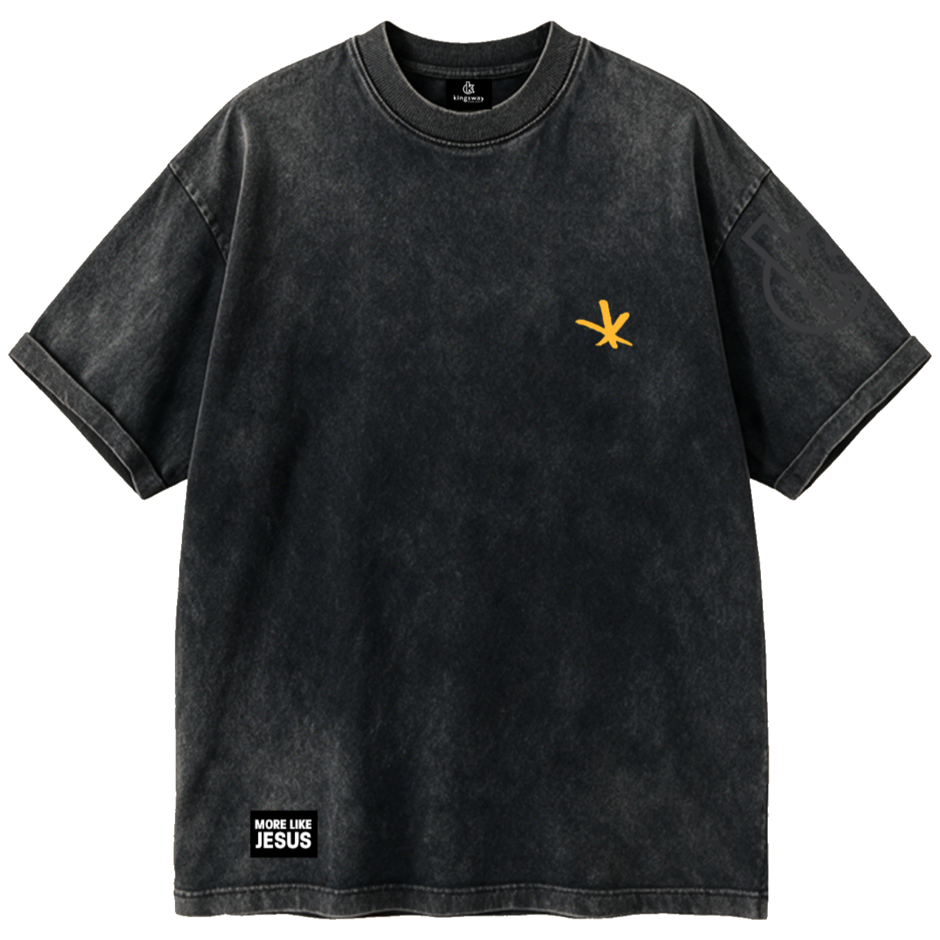 Tee front with small yellow star and More Like Jesus tag