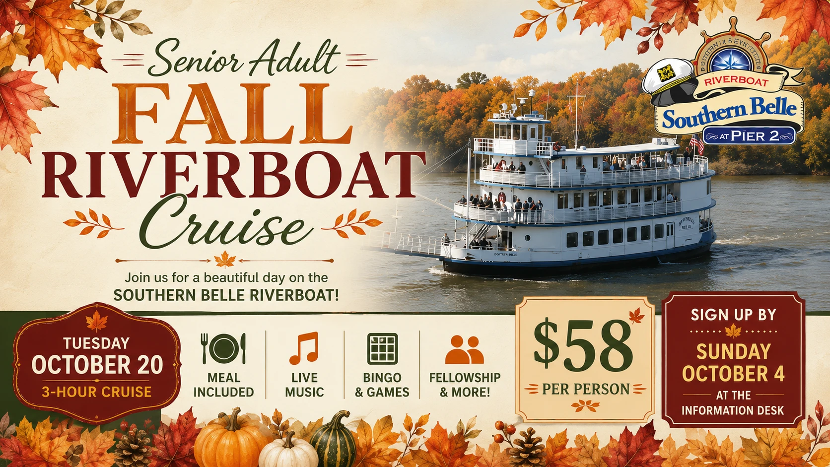 Senior Adult Trip: Fall Riverboat Cruise