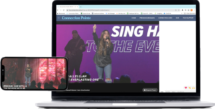 Live worship service displayed on a laptop screen