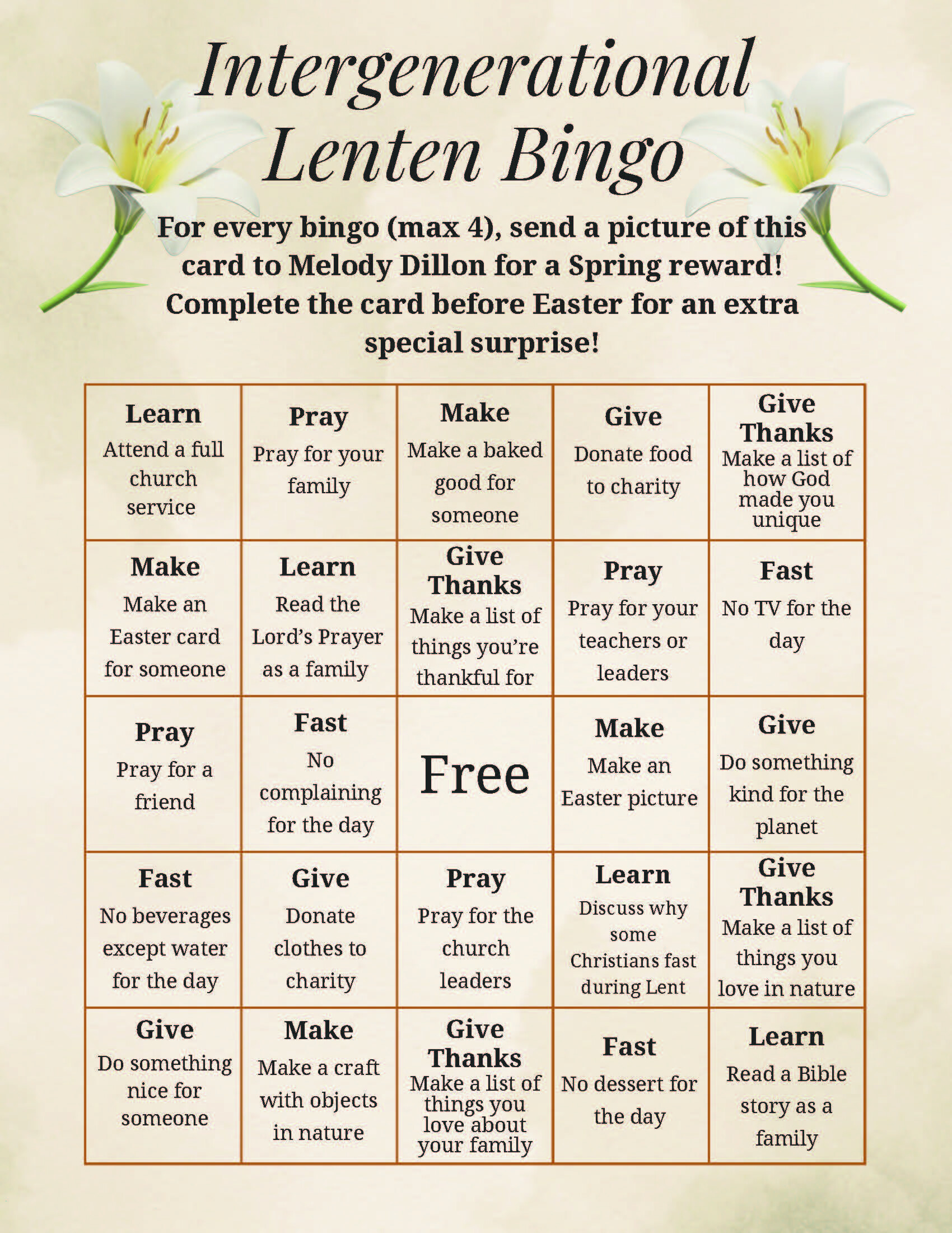 Lenten Bingo Card