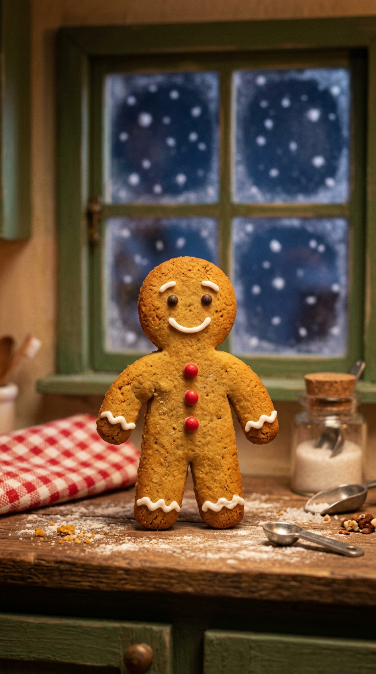 A smiling gingerbread man cookie on a kitchen counter, with snow falling outside the window