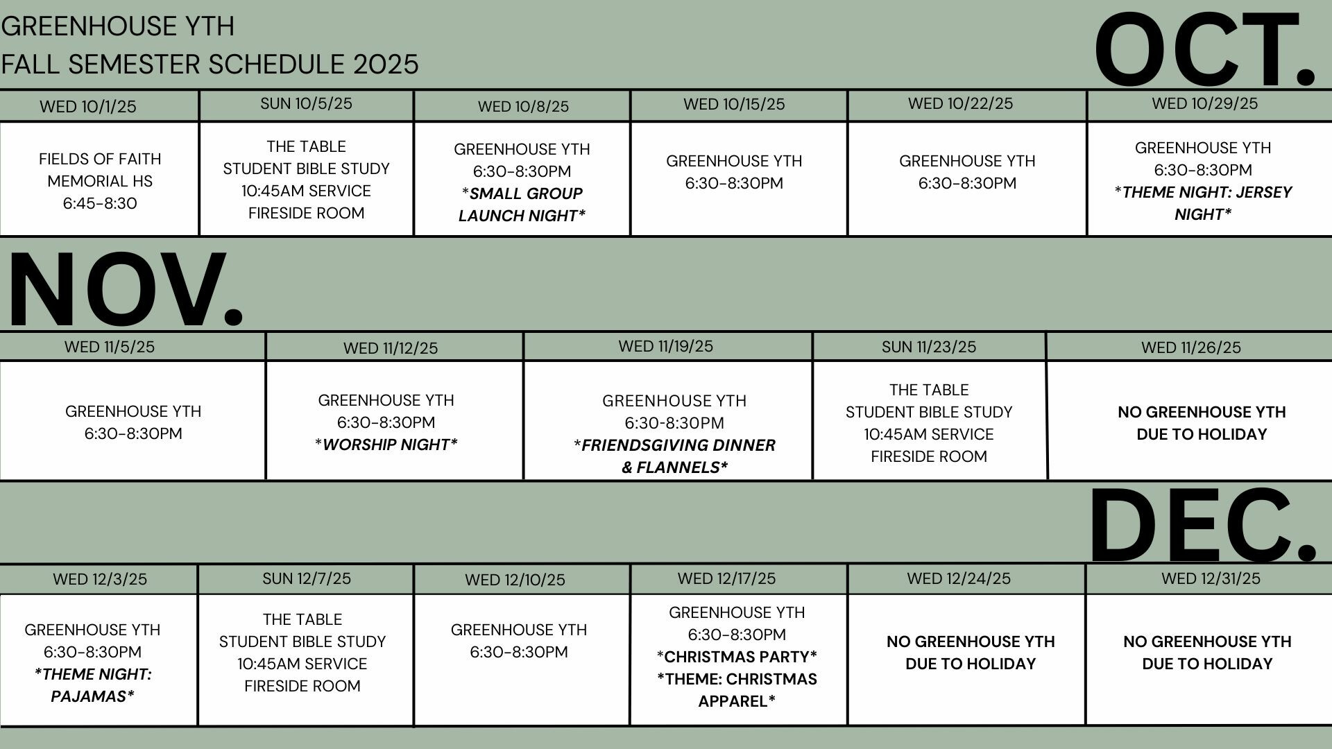 Greenhouse YTH Calendar Fall 2025