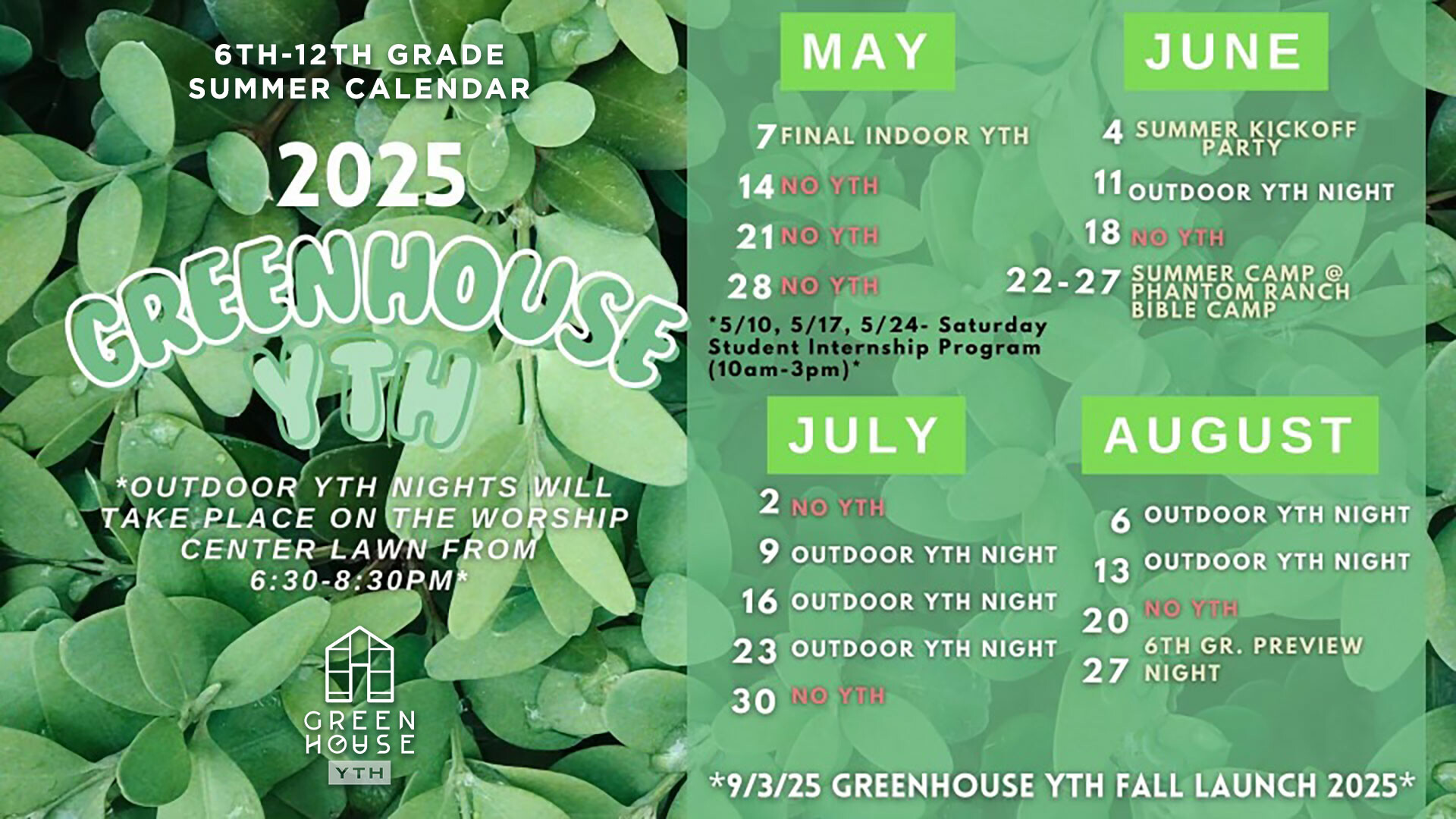 Greenhouse YTH Summer Calendar 2025