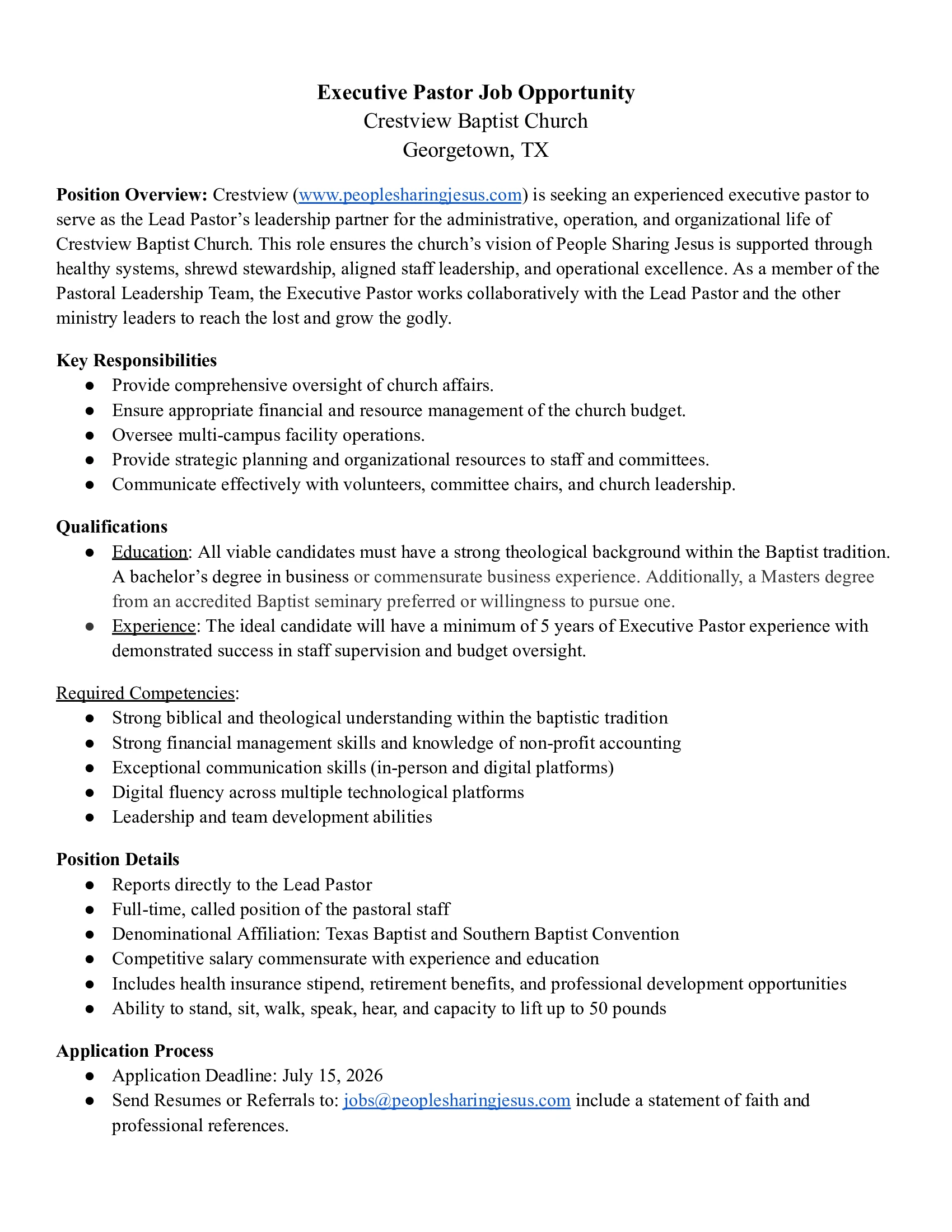 Executive Pastor Job Opportunity