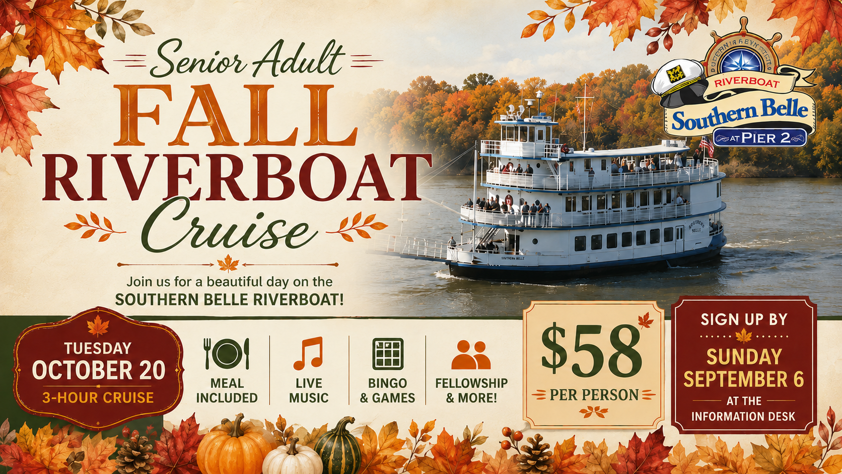 Senior Adult Trip: Fall Riverboat Cruise