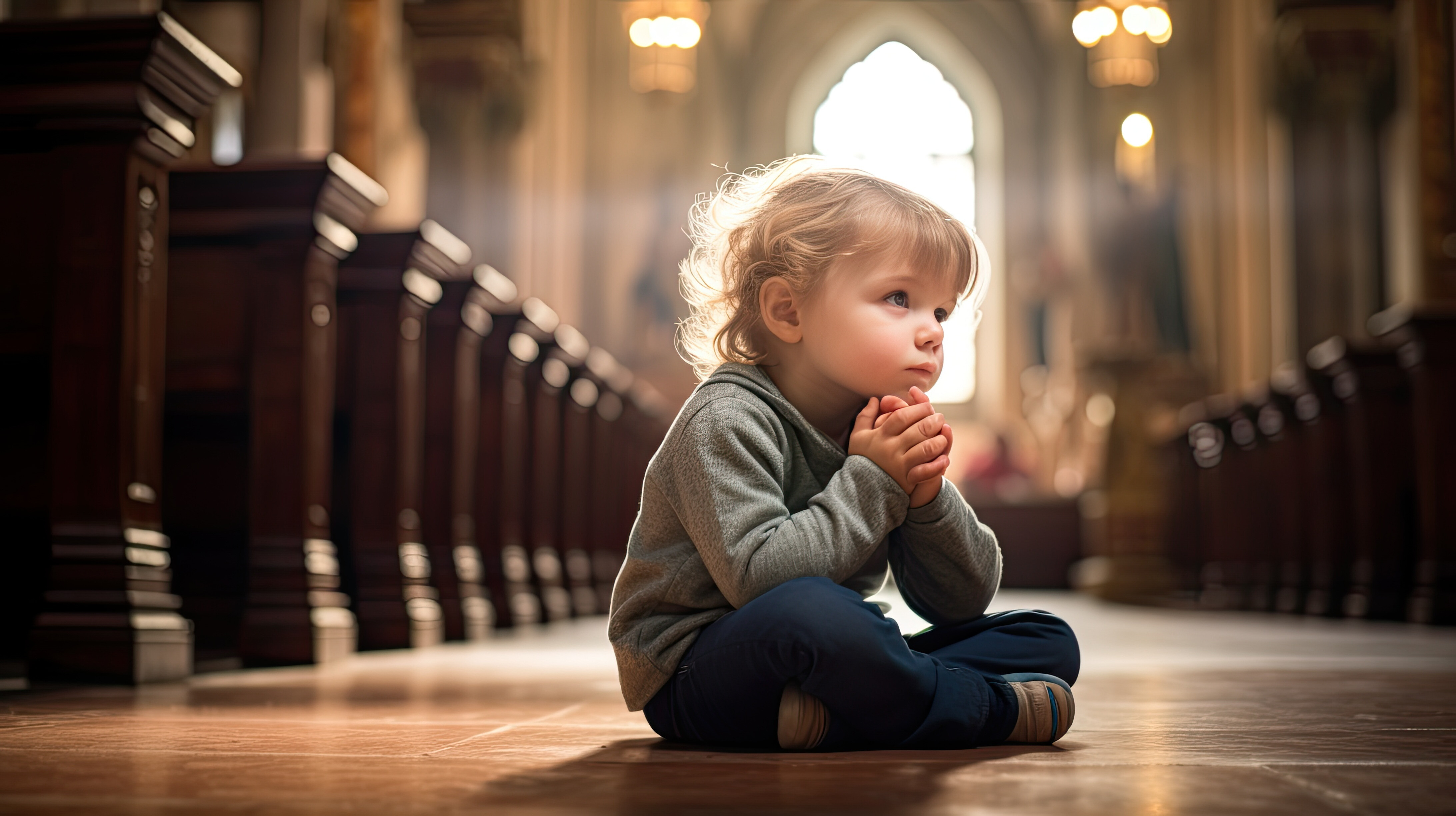 Young child praying while sitting on a church floor