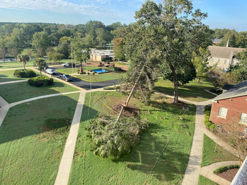 Hurricane Helene aftermath aerial overview at Wesleyan Dr. Square