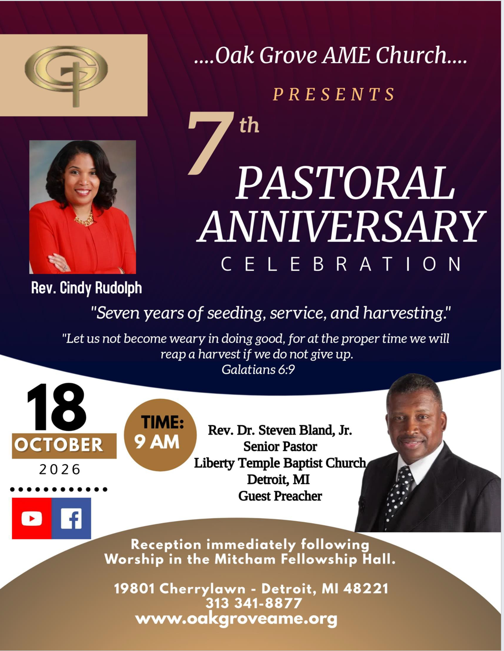 Pastoral Anniversary Sunday - October 18, 2026 - 9 a.m. 