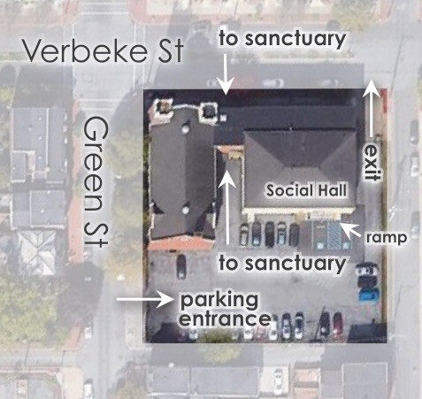 Aerial map of Second City Church building with labels for streets, parking, doors, and ramps