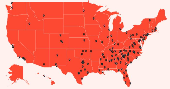 Map showing locations of Reformed University Fellowship in the United States