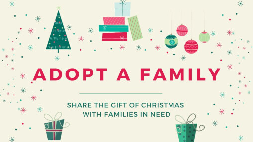 Adopt a Family text with graphics of Christmas tree, ornaments, and presents