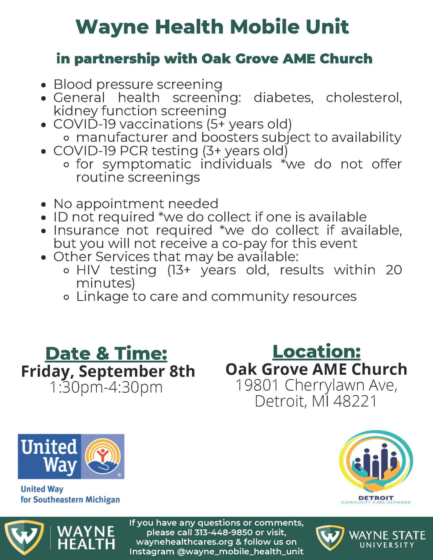 Onsite COVID-19 Vaccinations, Boosters, and Testing - Conducted by Wayne State Health