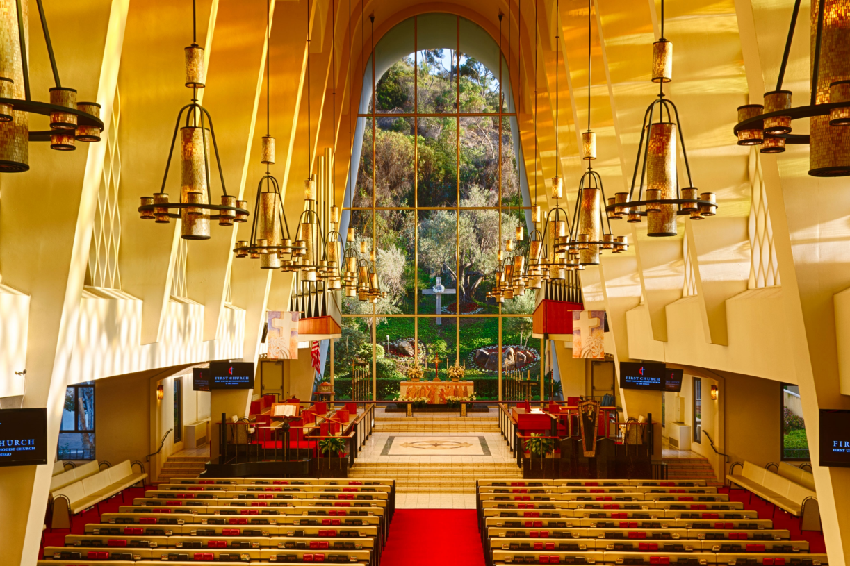 Inside of the sanctuary at First United Methodist Church of San Diego in Mission Valley