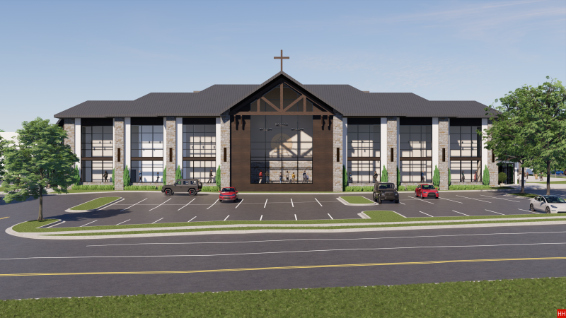 Outside view of proposed worship space from Due West Rd