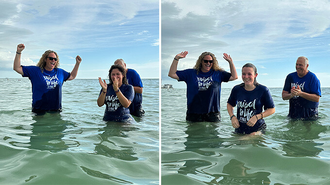 two students being baptized in the Gulf of Mexico