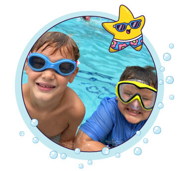 two campers swimming with goggles