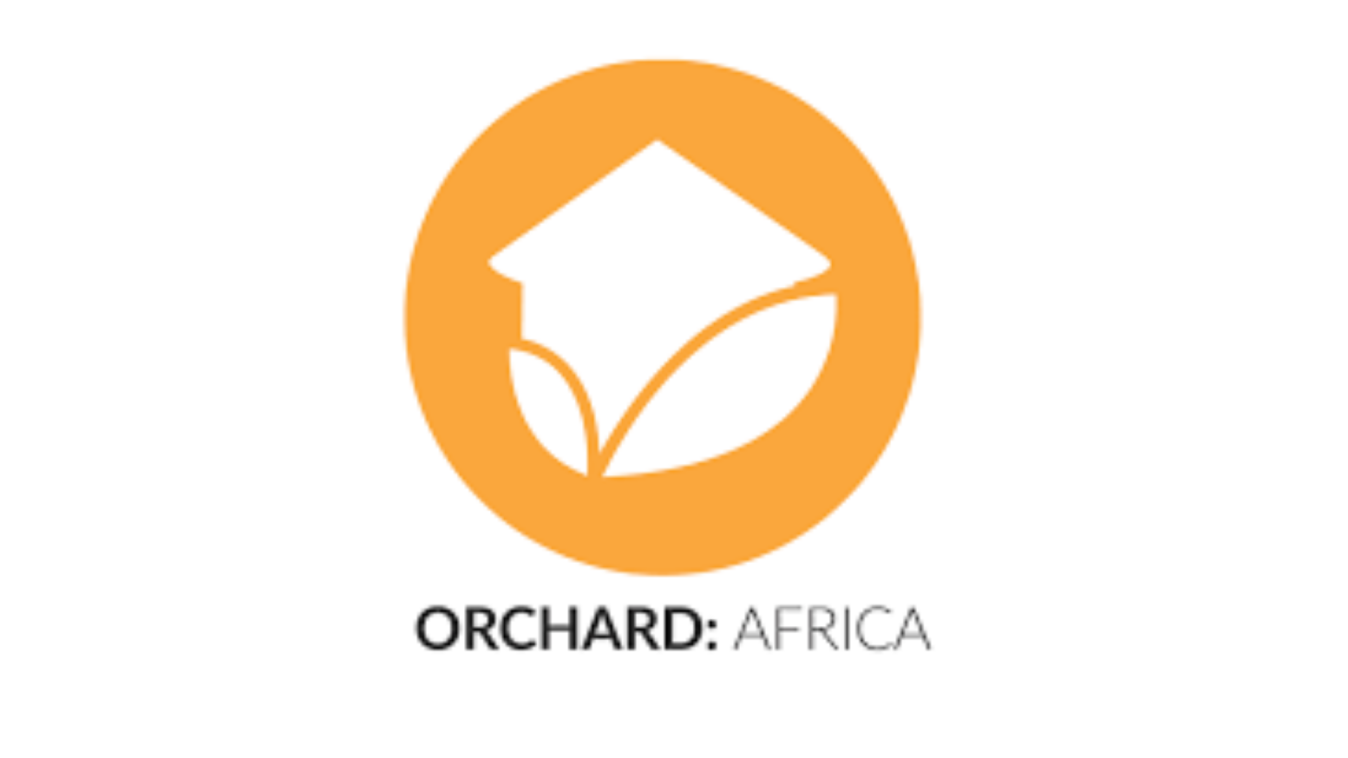 Orchard Africa logo. A graduation cap between two leaves and inside of an orange circle.