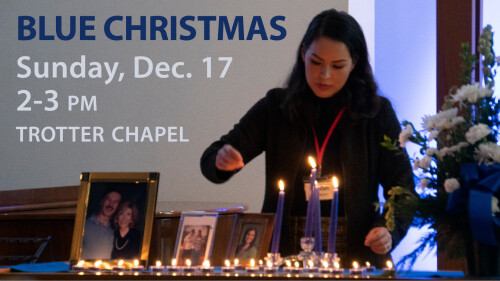 Sheilah Cameron, LMFT, lighting candles for Blue Christmas service at First Church San Diego.