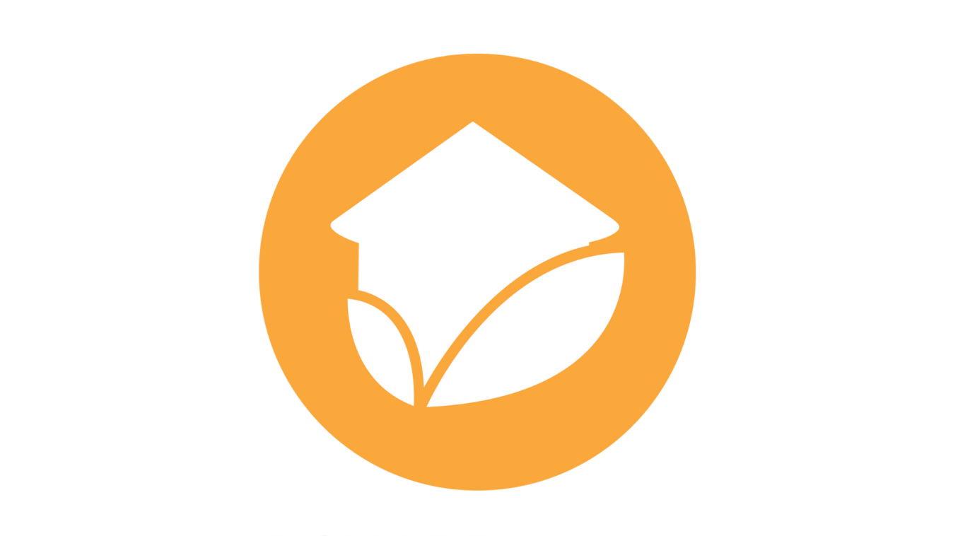 Orchard Africa logo. A graduation cap between two leaves and inside of an orange circle.