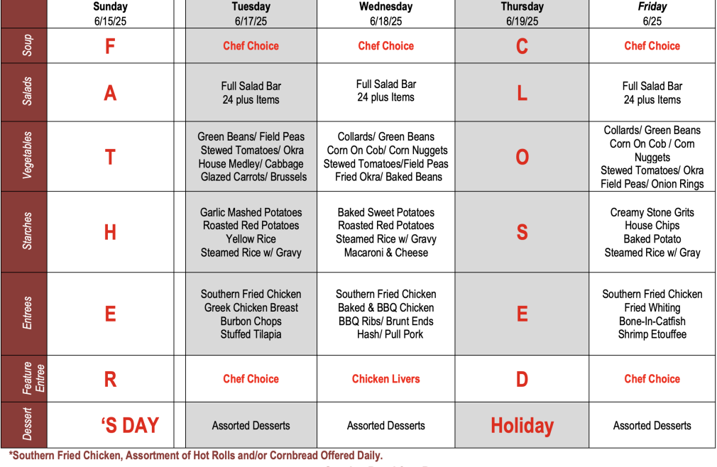 Buffet Weekly Menu