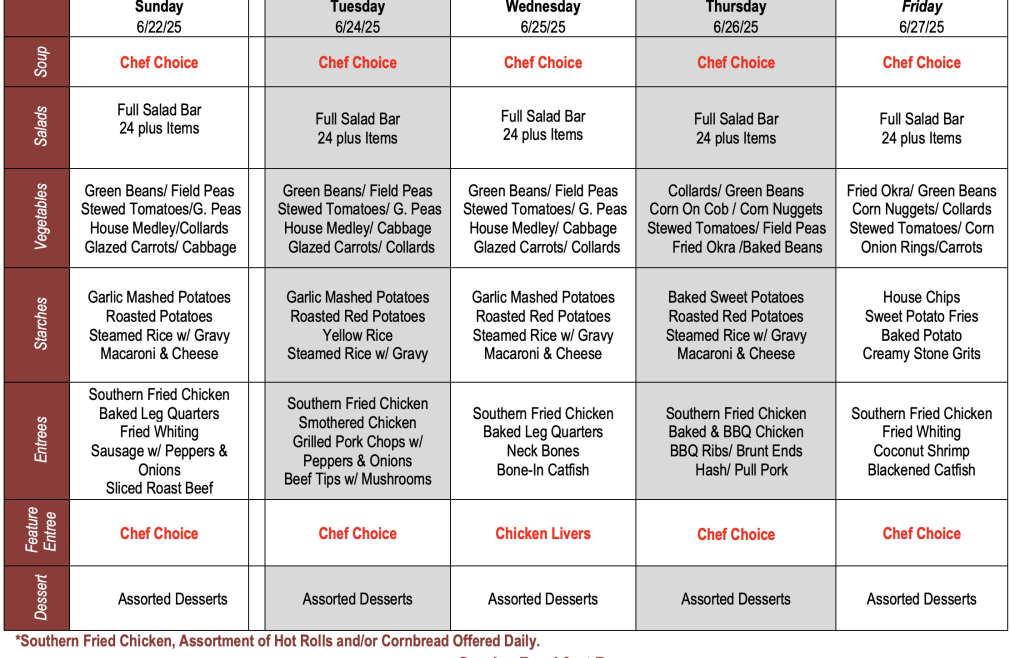 Buffet Weekly Menu