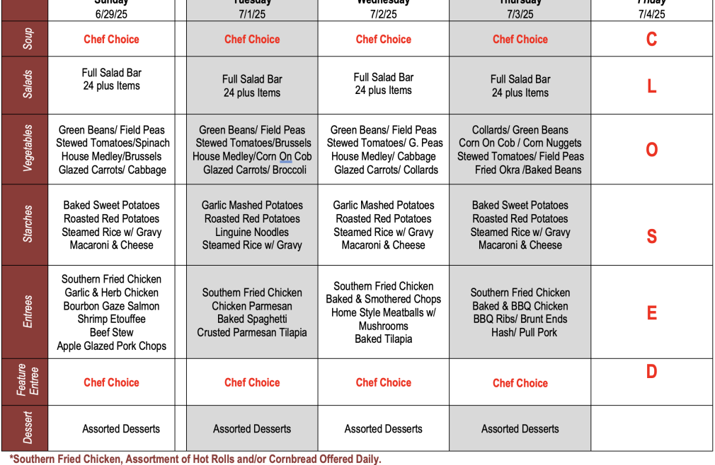 Buffet Weekly Menu