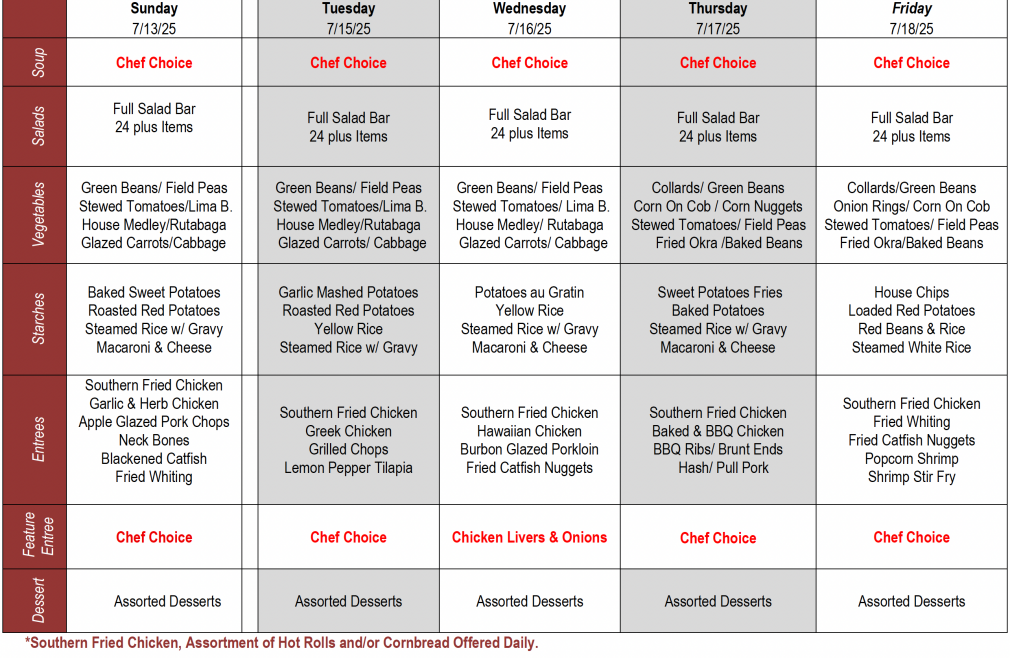 Buffet Weekly Menu