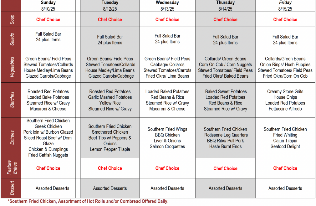 Buffet Weekly Menu