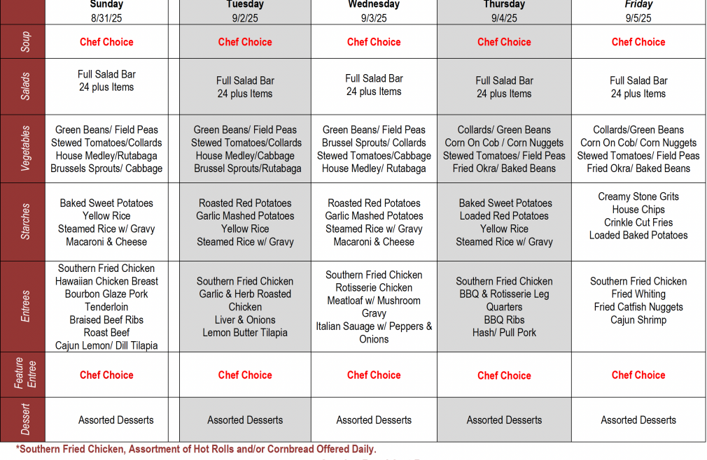 Buffet Weekly Menu