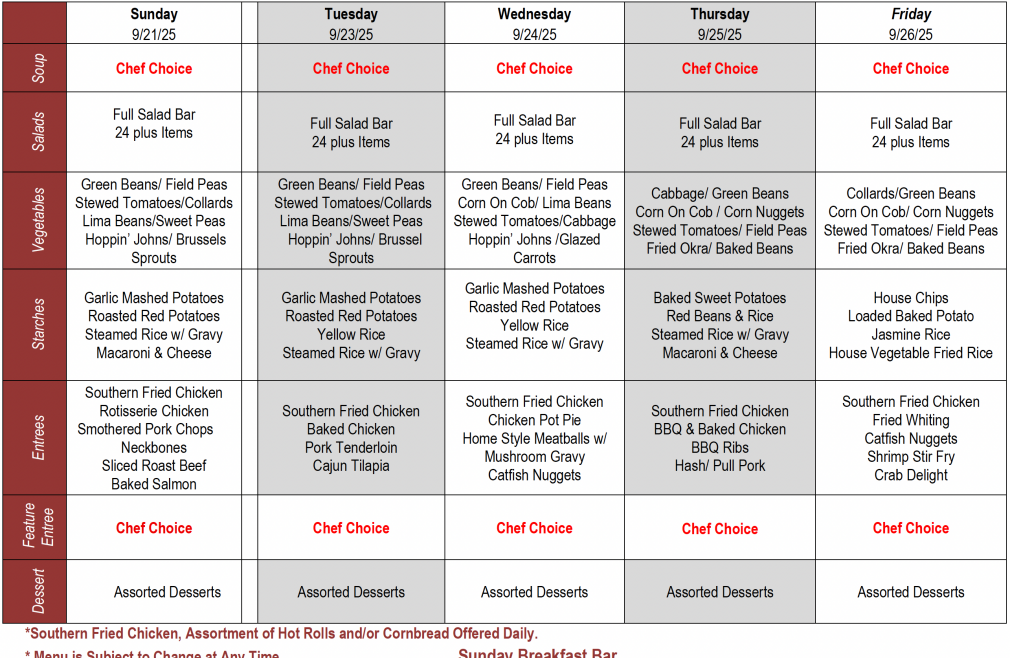 Buffet Weekly Menu