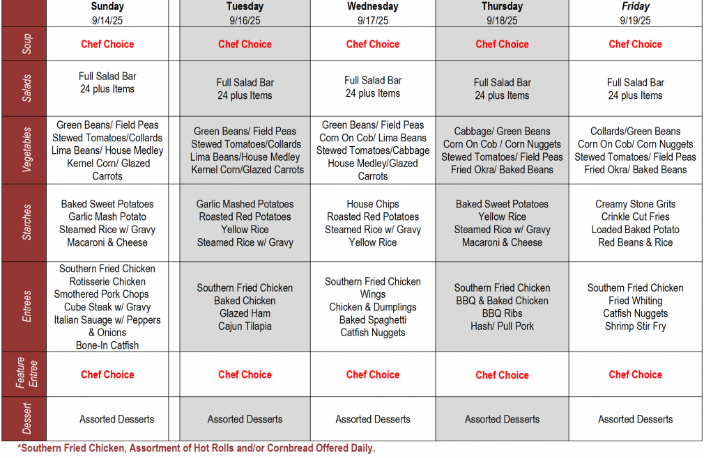 Buffet Weekly Menu