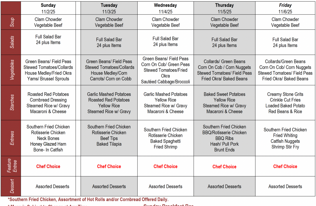 Buffet Weekly Menu