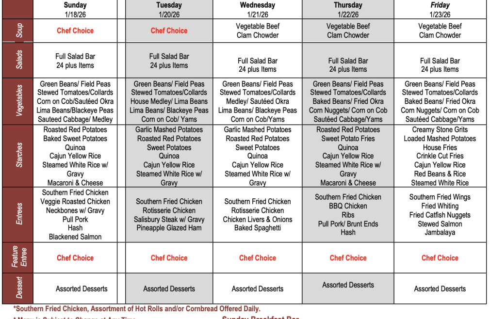 Buffet Weekly Menu