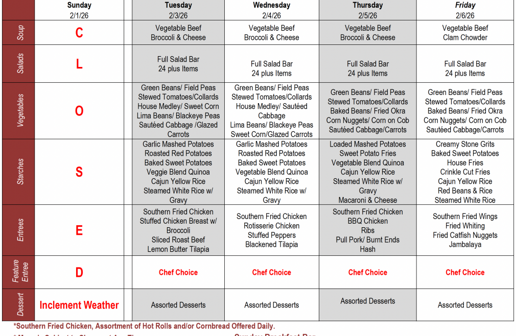 Buffet Weekly Menu