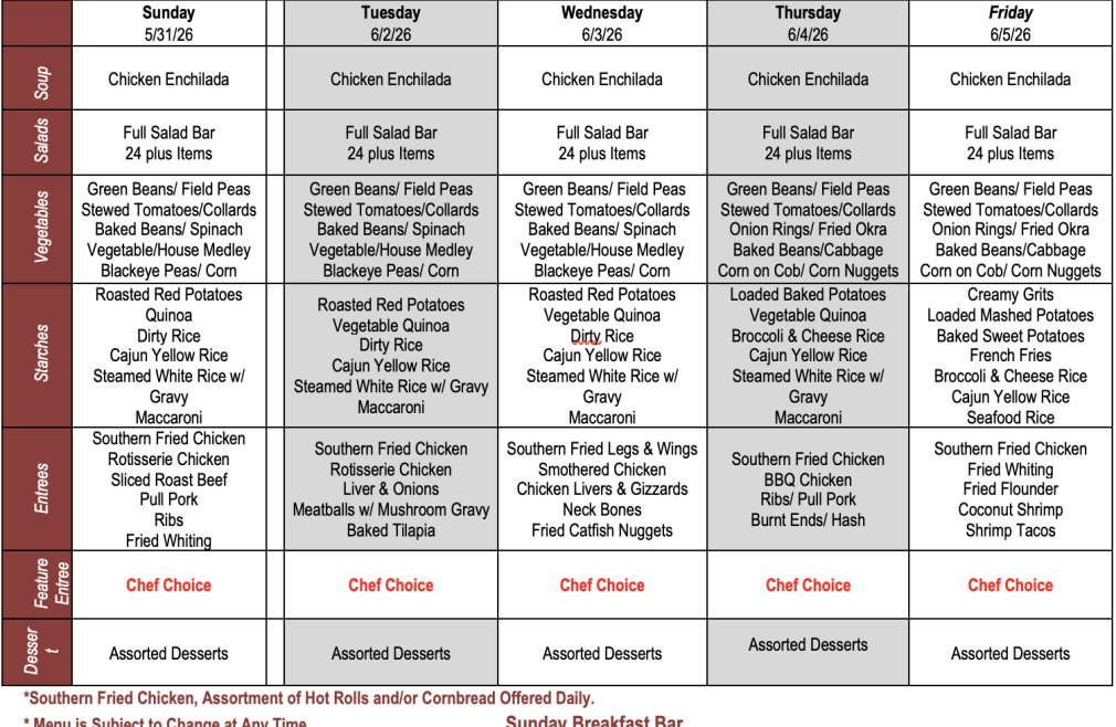 Buffet Weekly Menu