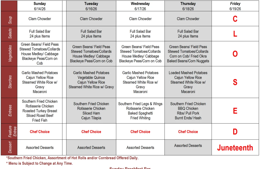 Buffet Weekly Menu
