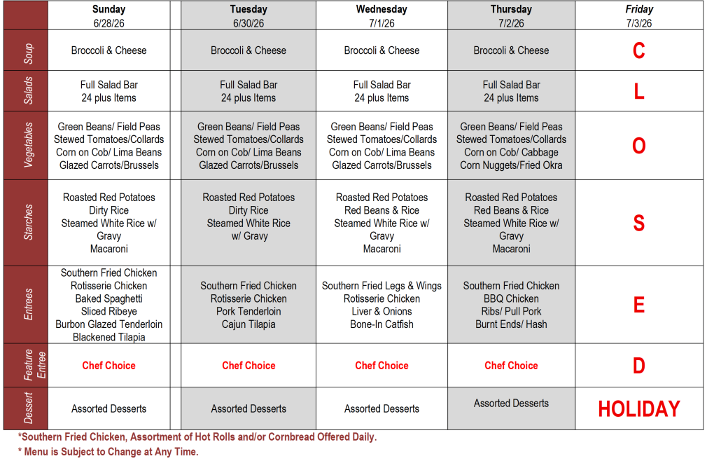 Buffet Weekly Menu
