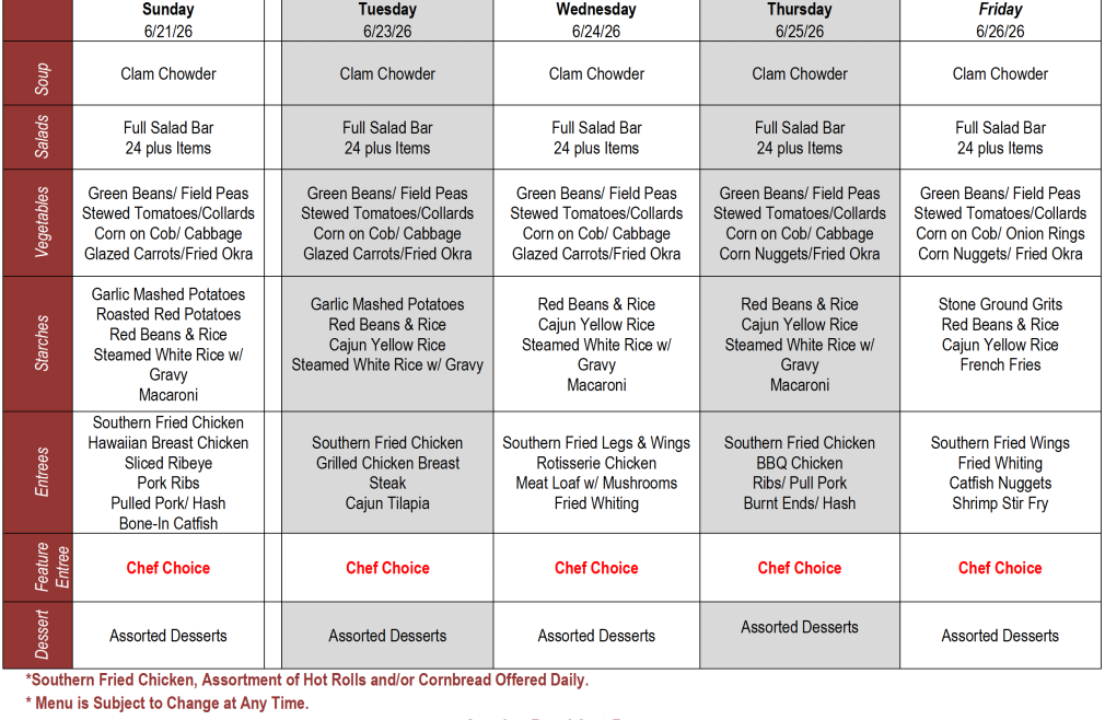 Buffet Weekly Menu
