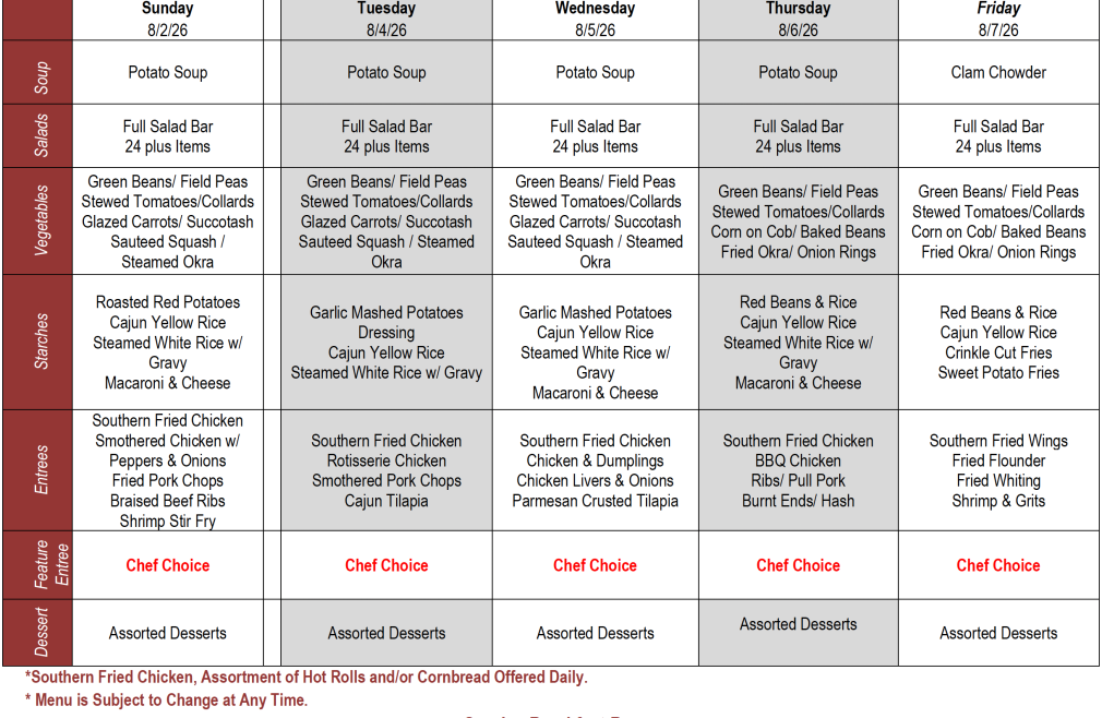 Buffet Weekly Menu