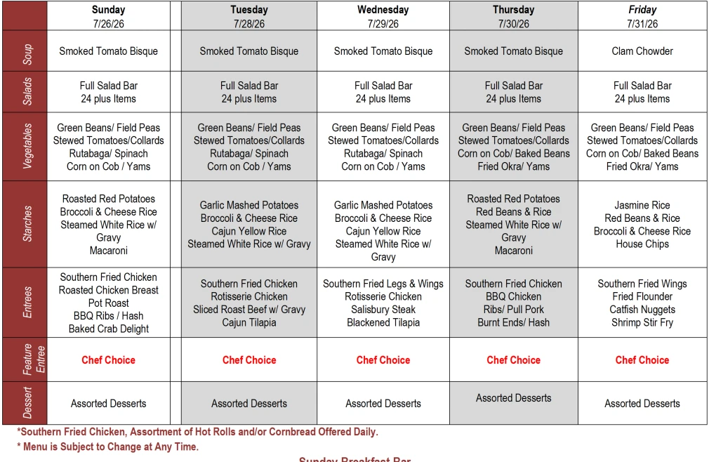 Buffet Weekly Menu