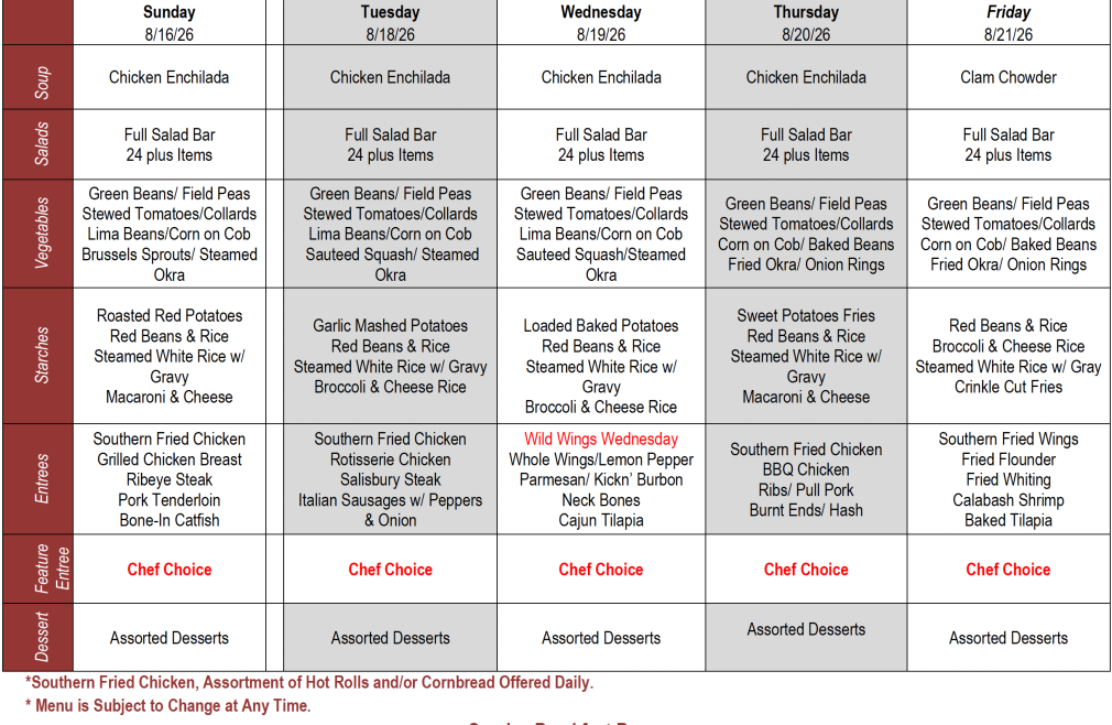Buffet Weekly Menu