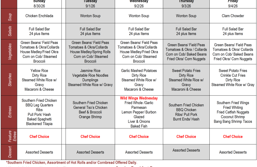 Buffet Weekly Menu