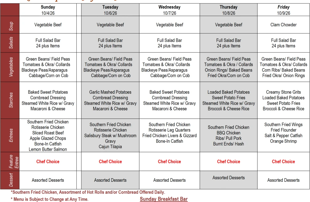 Buffet Weekly Menu