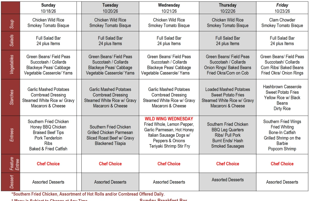 Buffet Weekly Menu