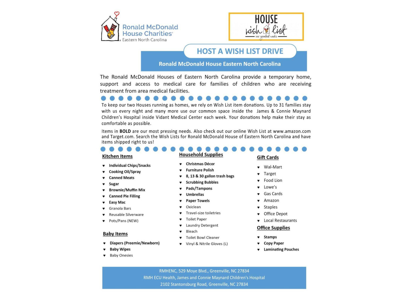 Greenville Thrive City Project - Ronald Mcdonald House Wish List Drive